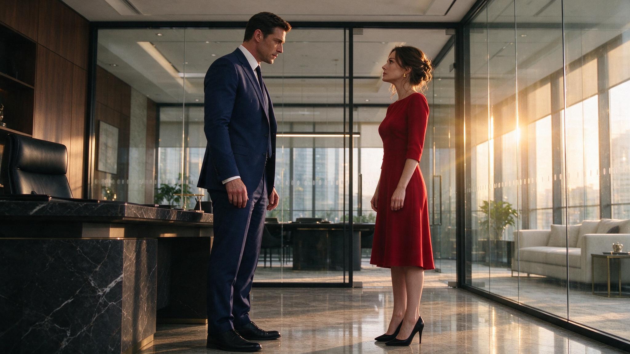 A CEO and a young woman in a tense confrontation, a common micro drama trope.