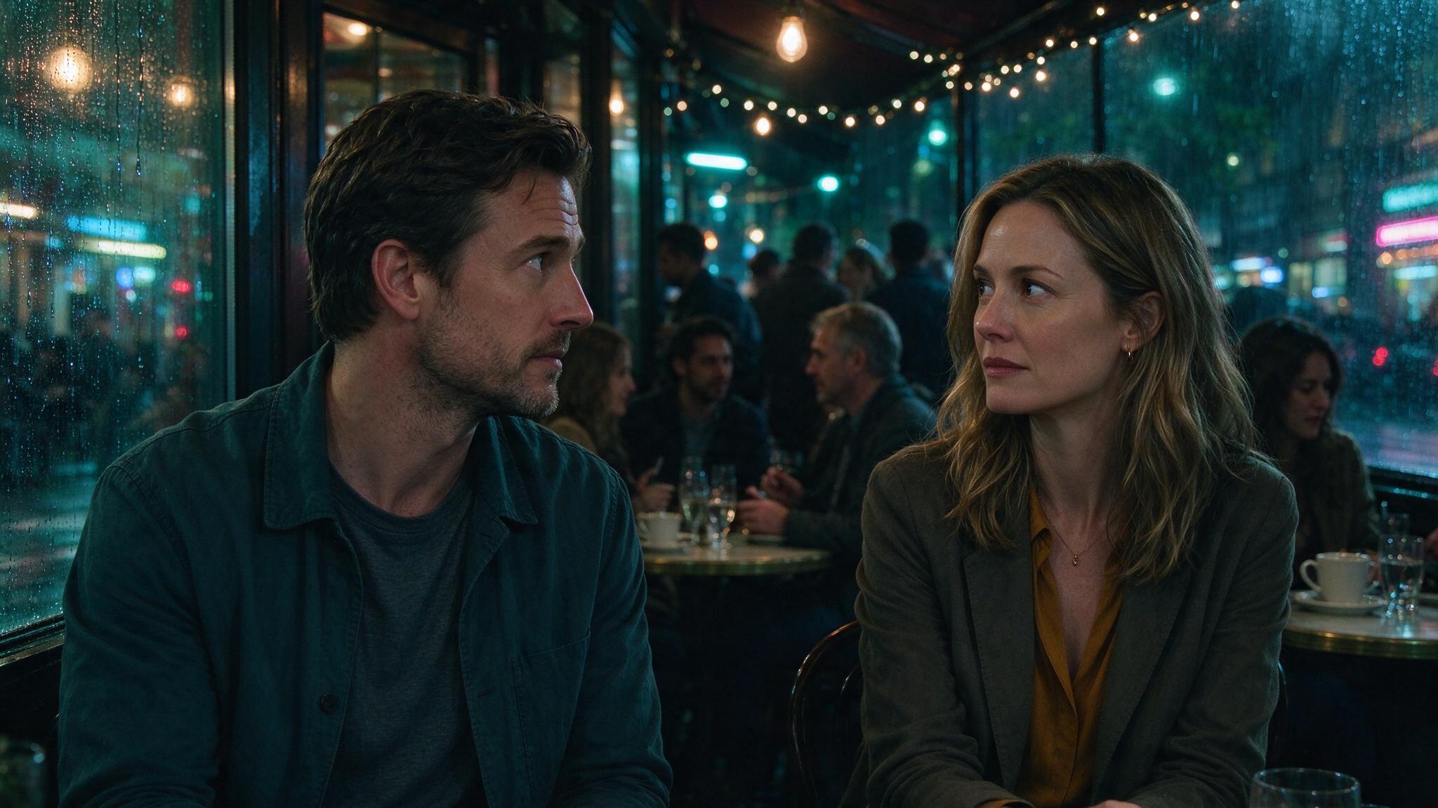 A couple exchanging a secret glance in a cafe, a typical scene from a romance short drama.