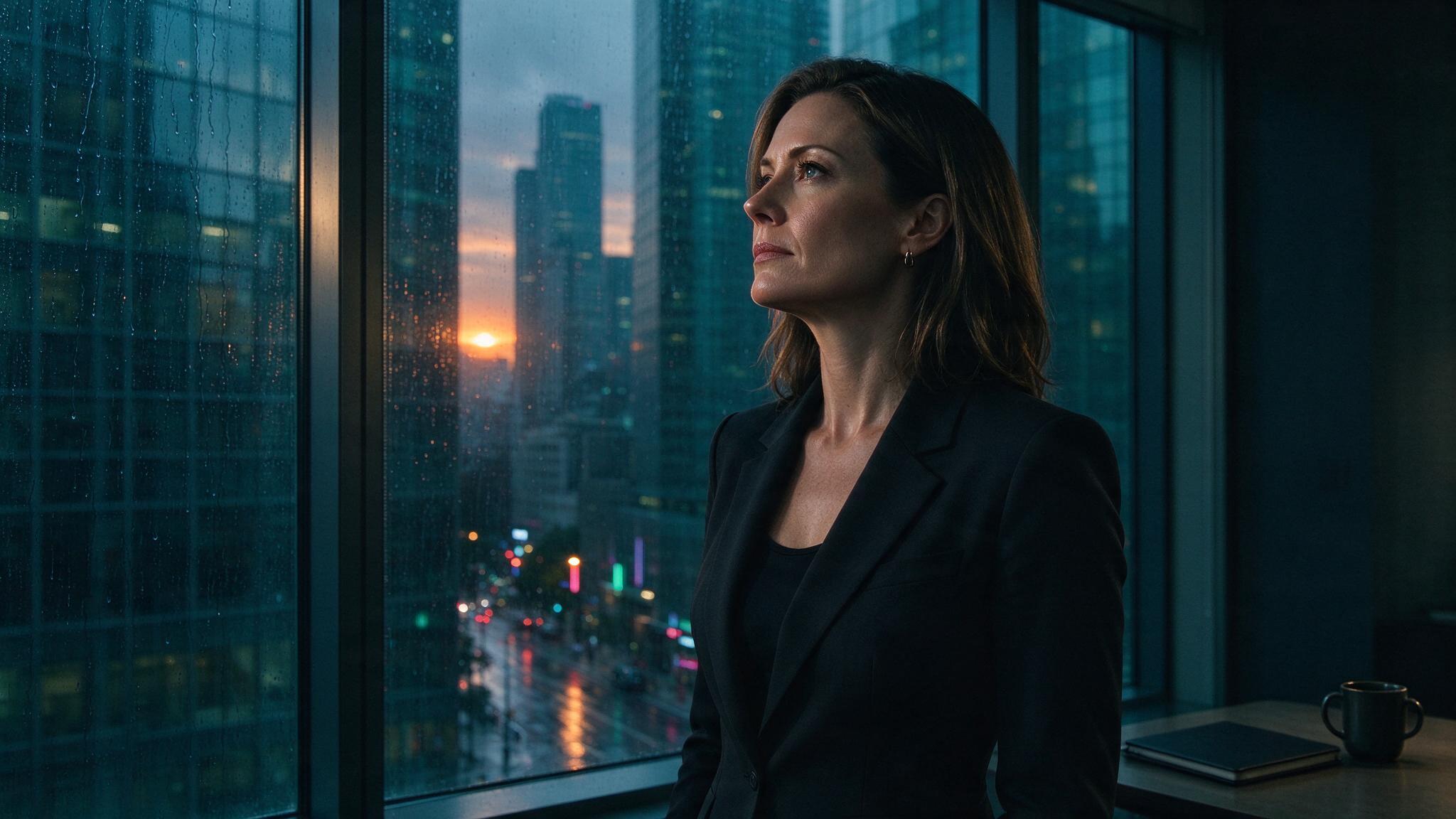 A determined businesswoman looking out at a city, representing a common short drama trope.