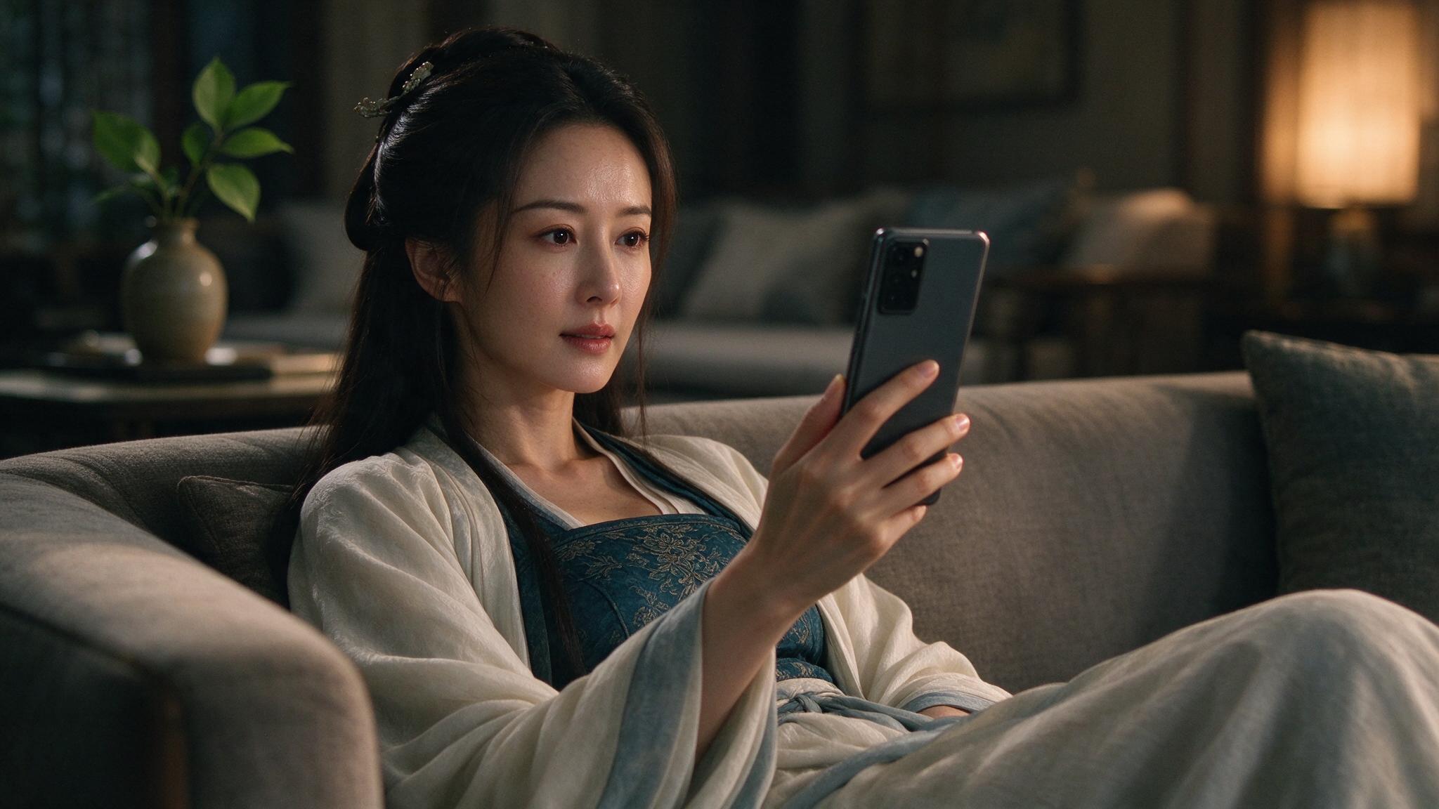 A young woman watching a xianxia-style short drama with subtitles on her phone, illustrating convenient mobile viewing.