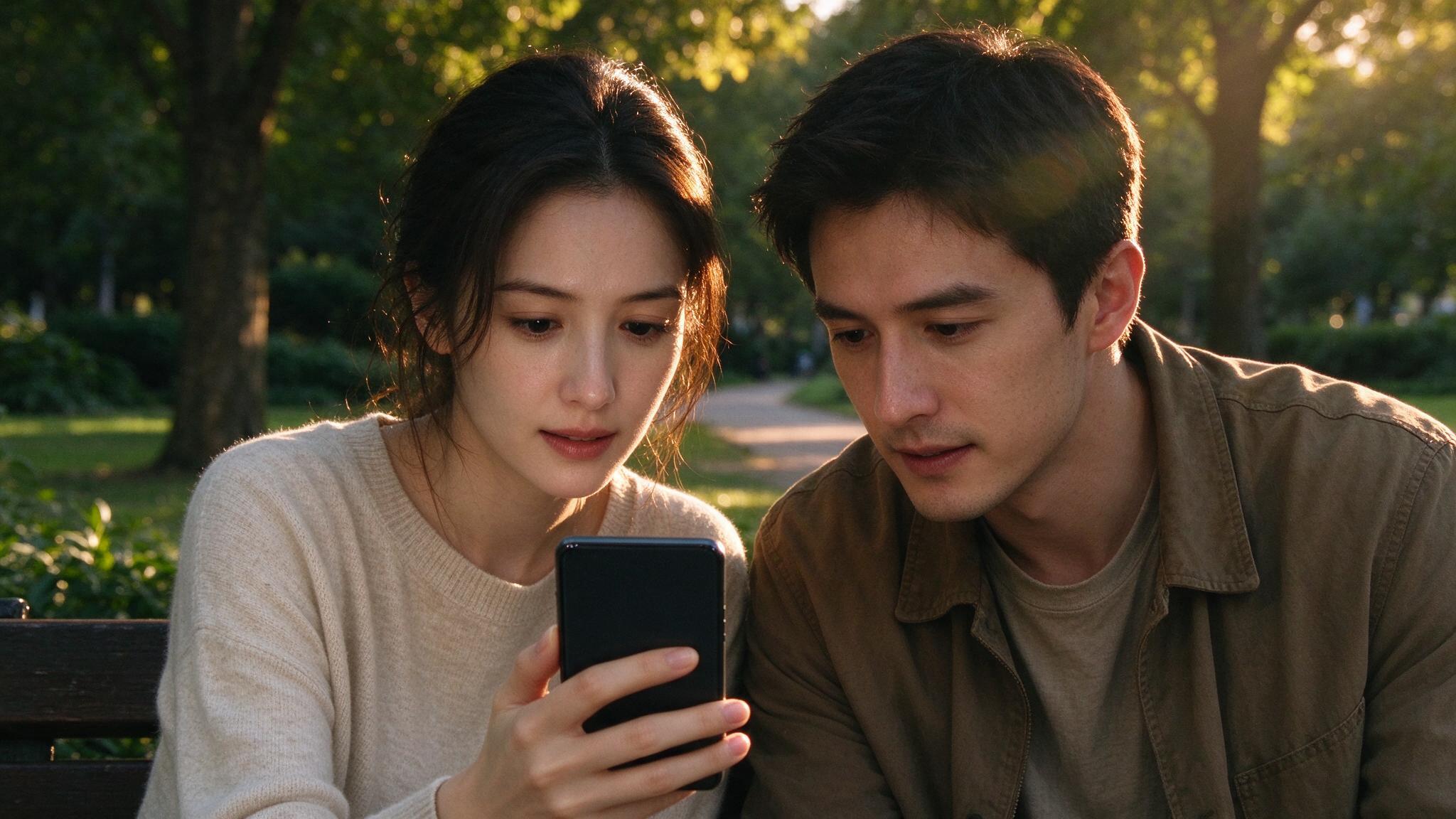 Two friends sharing a moment, engrossed in a micro drama on a phone at a park.