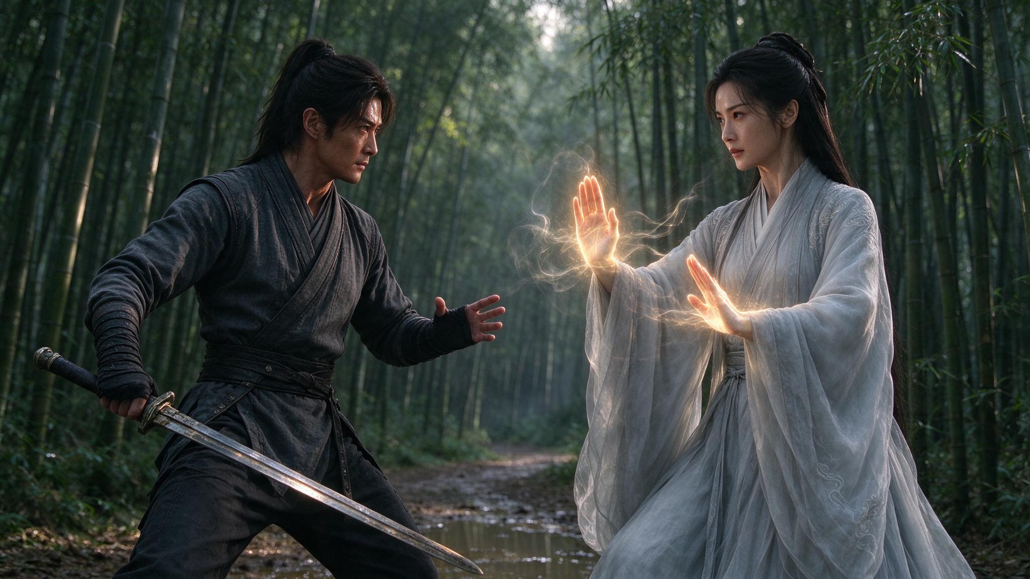 Xianxia drama — Two martial artists, one with glowing hands, preparing for a duel in a bamboo forest, showcasing the distinct styles of xianxia and wuxia.