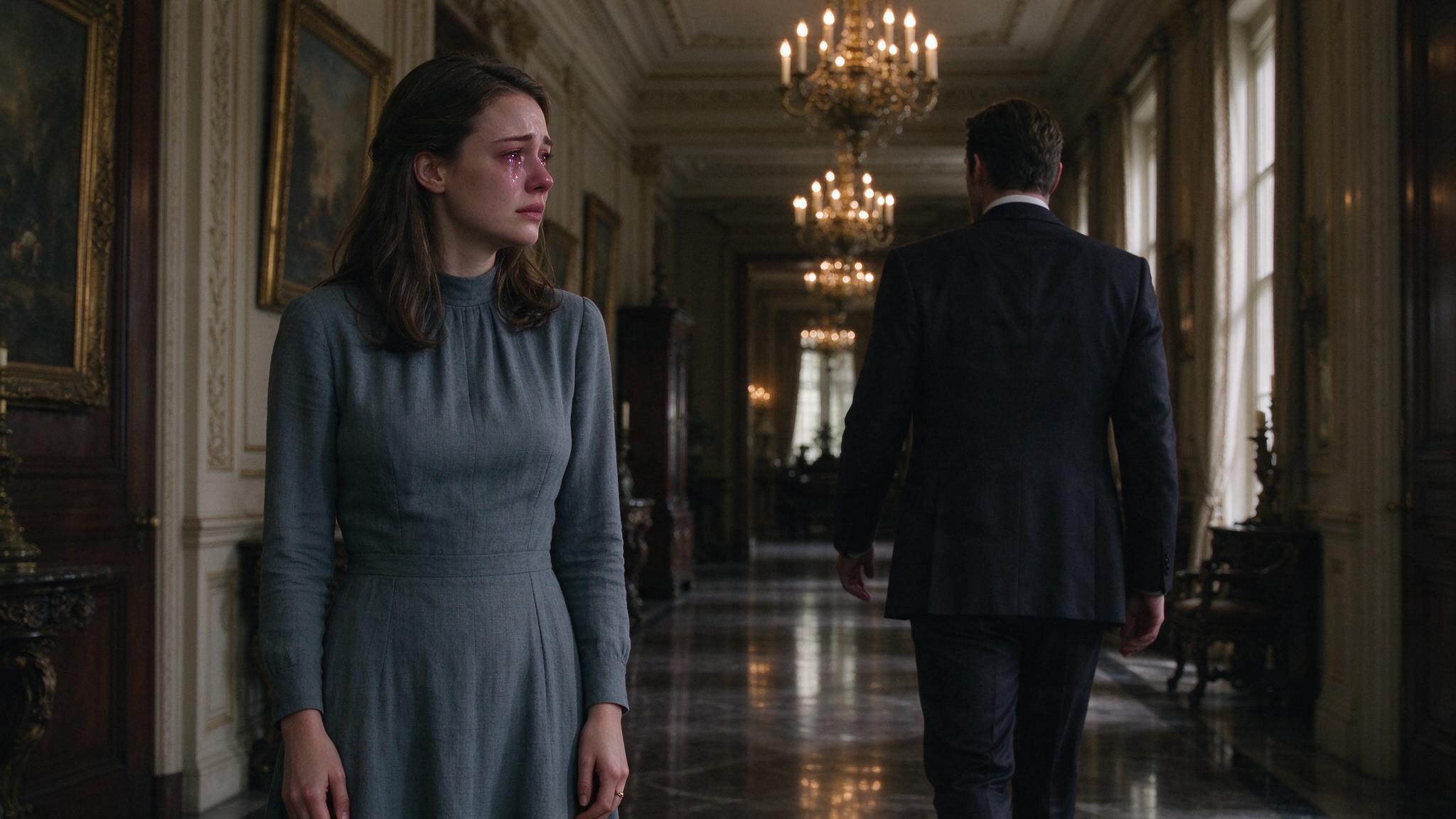 Apps like ReelShort — A woman in a dress looking heartbroken as a man in a suit walks away in a mansion hallway, a common scene in short drama apps.