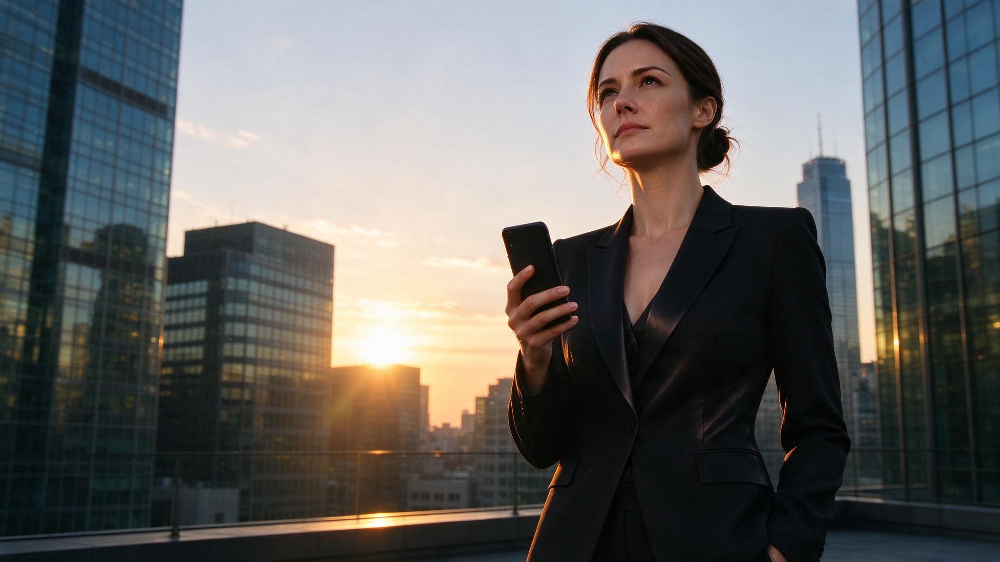 A young woman watching a micro drama on her phone against a city backdrop.